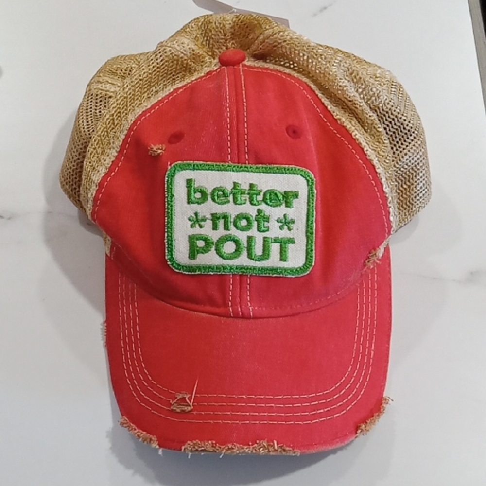 Red and Tan Trucker Hat with Green Patch